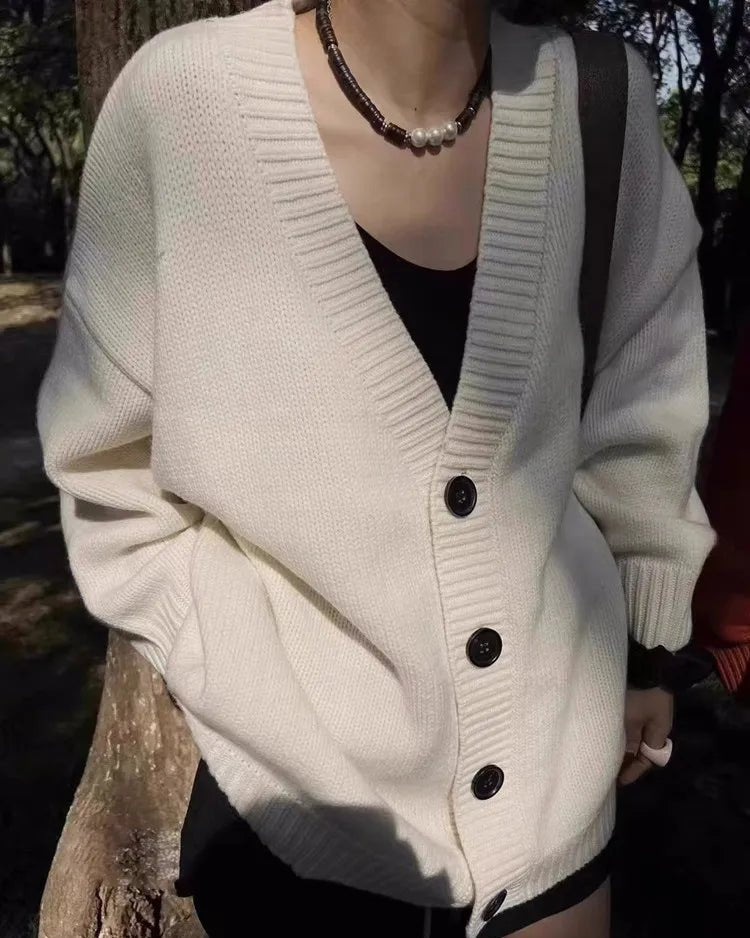 Wool V-Neck Loose-Fitting Knitted Cardigan Sweater