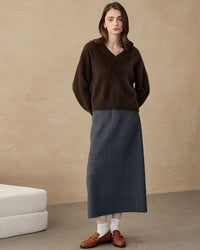 Oversized V-neck pullover blended with yak fleece, deep ribbed cuffs and hem trap warmth without weight.