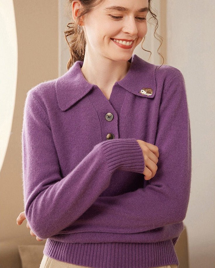 Cashmere Polo Collar Hedgehog Knit Sweater