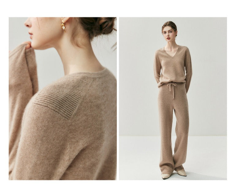 Cashmere V-Neck Saddle Shoulder Knit Sweater