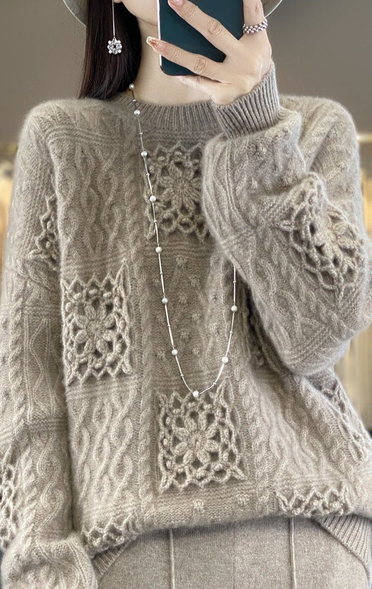 Wool Crew Neck Openwork Loose Slimming Sweater