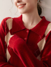 Cashmere Polo Collar Diamond Pattern Sweater