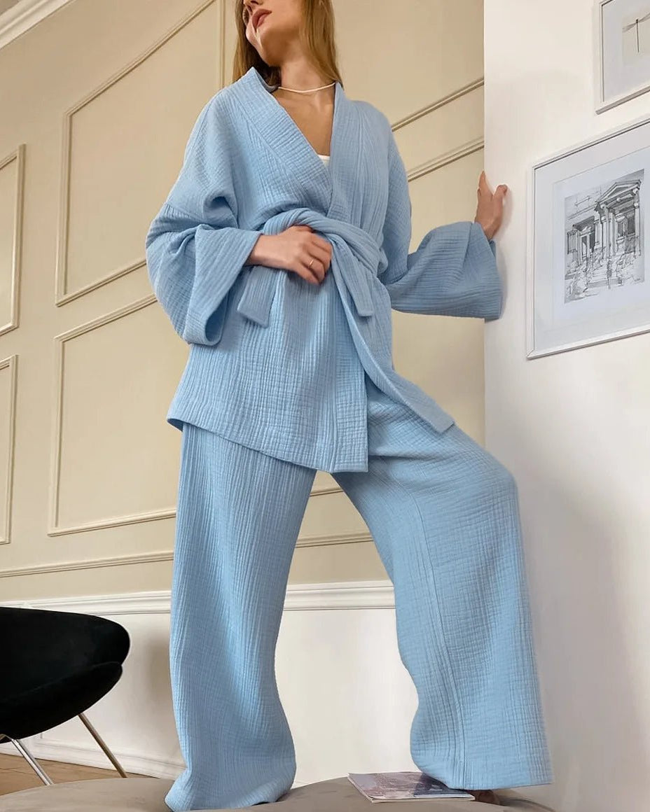 Pure Cotton Robe And Trousers Lounge Set