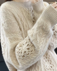 Wool Crew Neck Openwork Loose Slimming Sweater