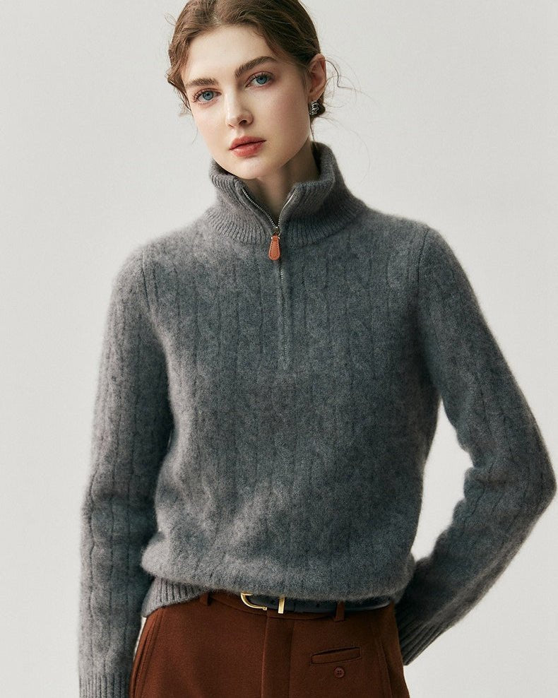 Cashmere Half-Zip Cable Knit Loose Sweater
