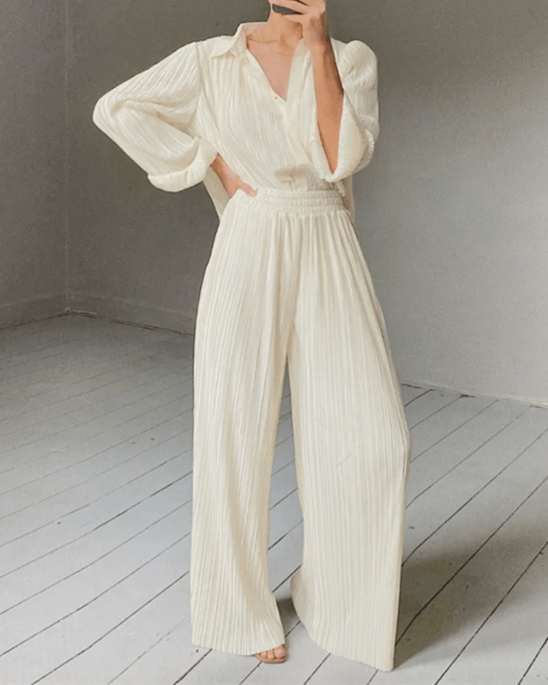 Pleated Blouse & Wide Leg Pants Set