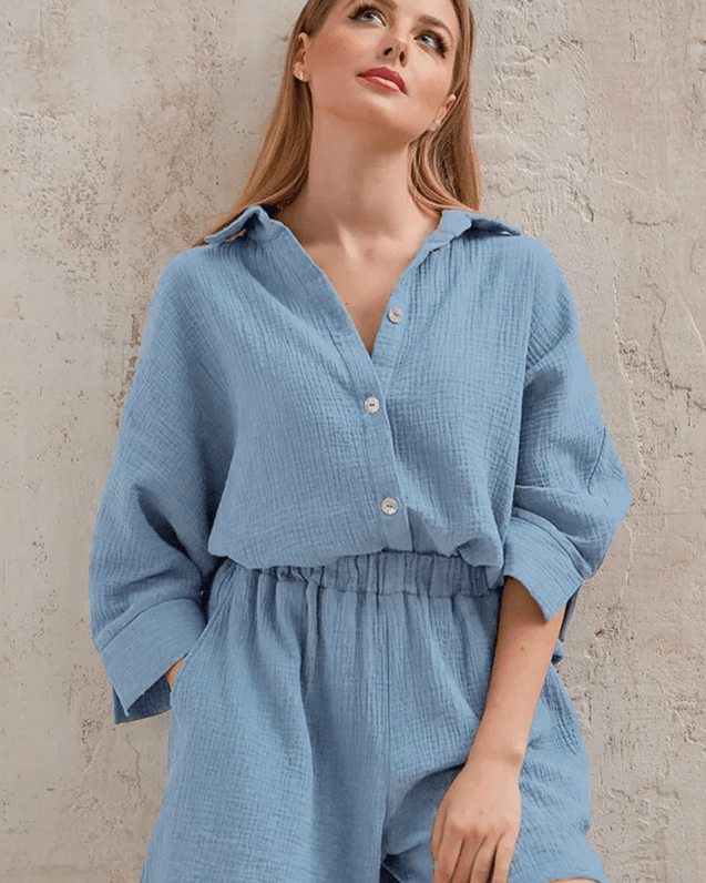 Solid Cotton Shirt & Shorts Lounge Set