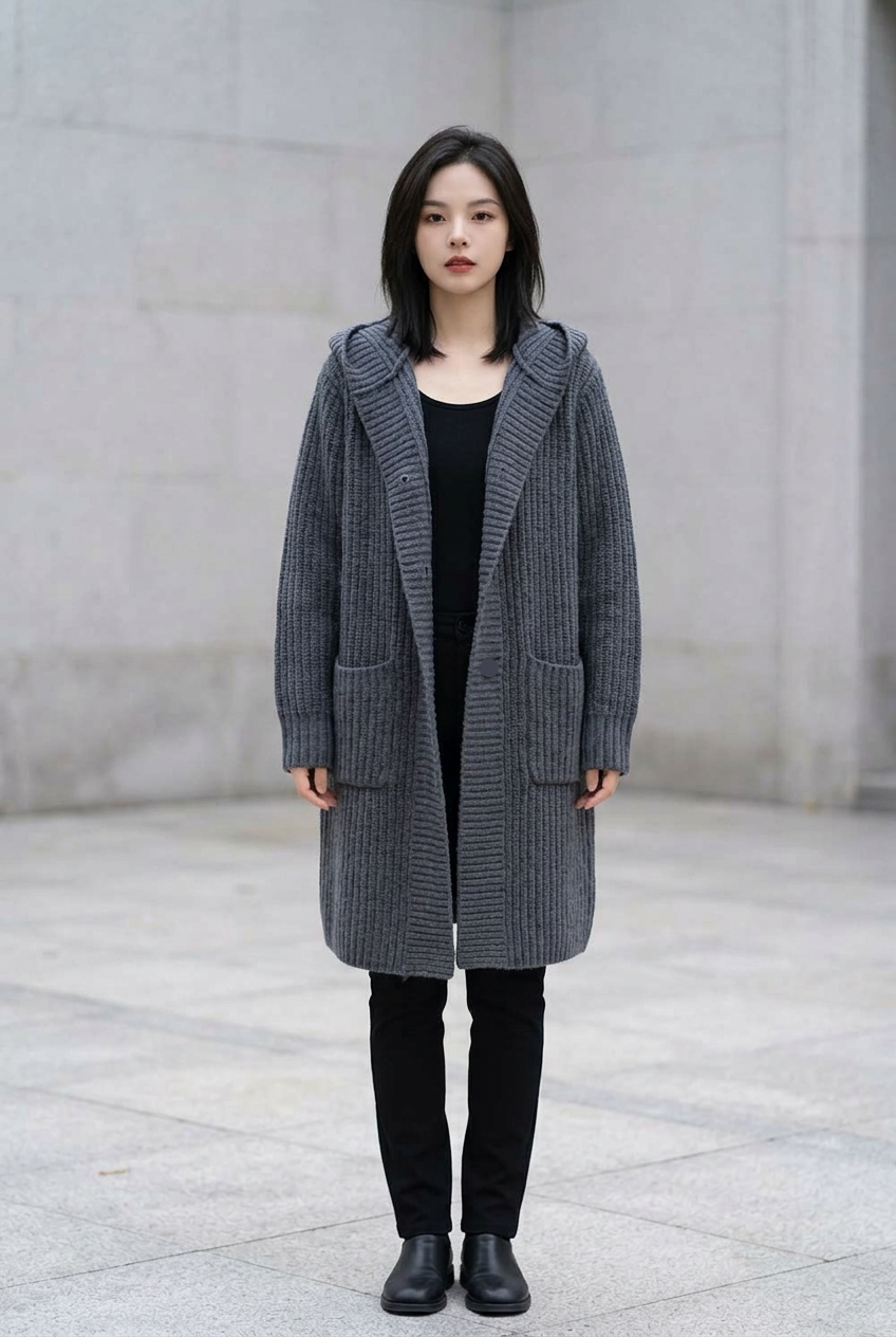 Single Breasted Wool Ribbed Cardigan With Hoodie