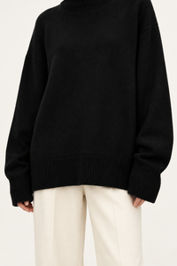 Black cashmere turtleneck sweater cuff and hem detail