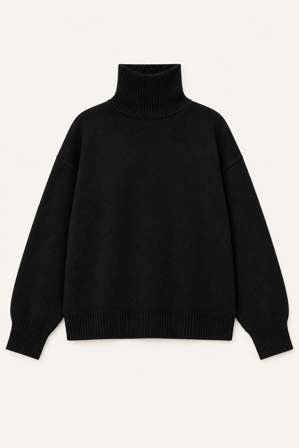 Black cashmere turtleneck sweater flat lay