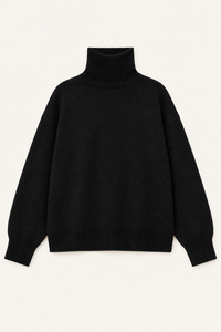 Black cashmere turtleneck sweater flat lay
