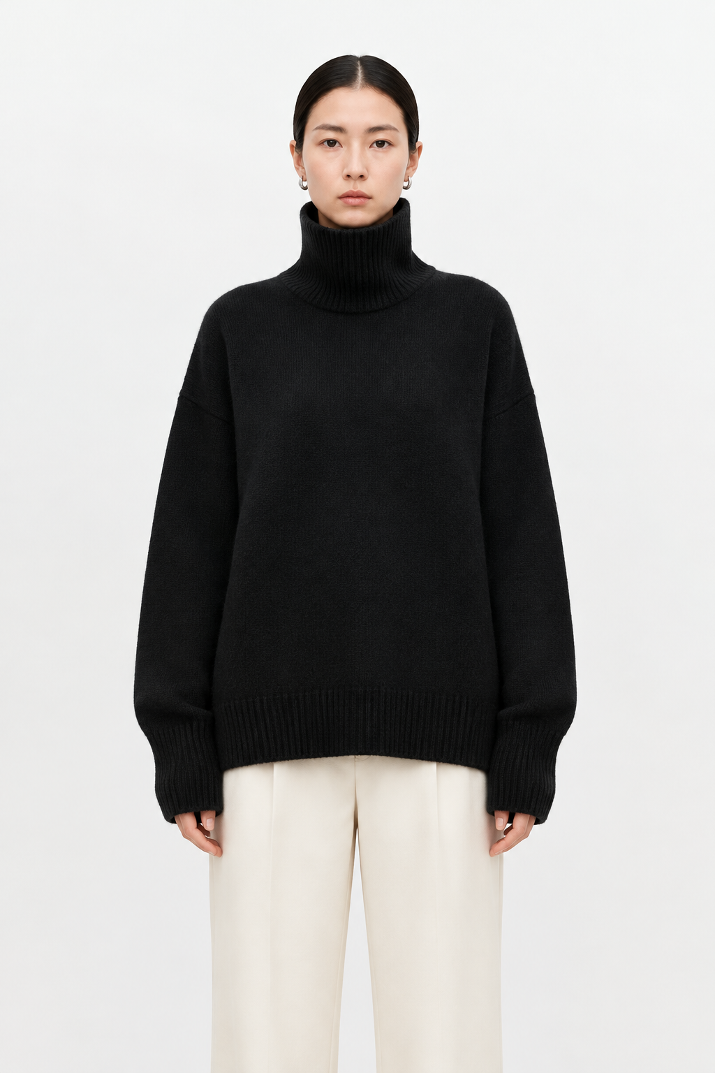 Black cashmere turtleneck sweater front view