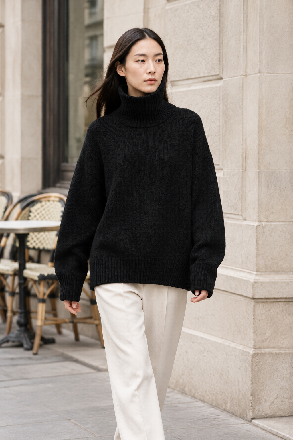 Black cashmere turtleneck sweater lifestyle view