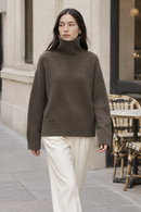 Brown cashmere turtleneck sweater lifestyle view
