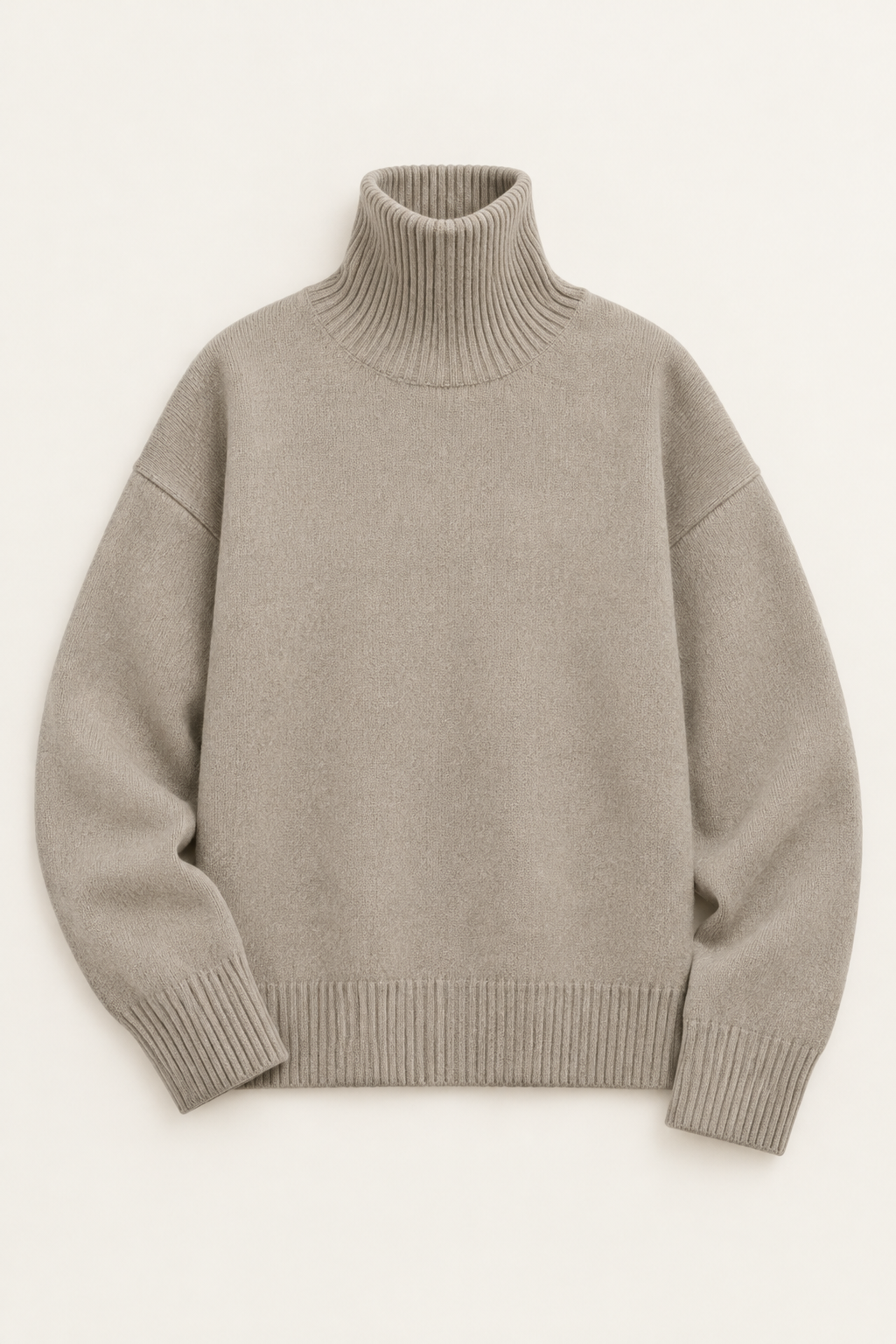 Oatmeal cashmere turtleneck sweater flat lay