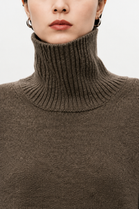 Brown cashmere turtleneck sweater collar detail