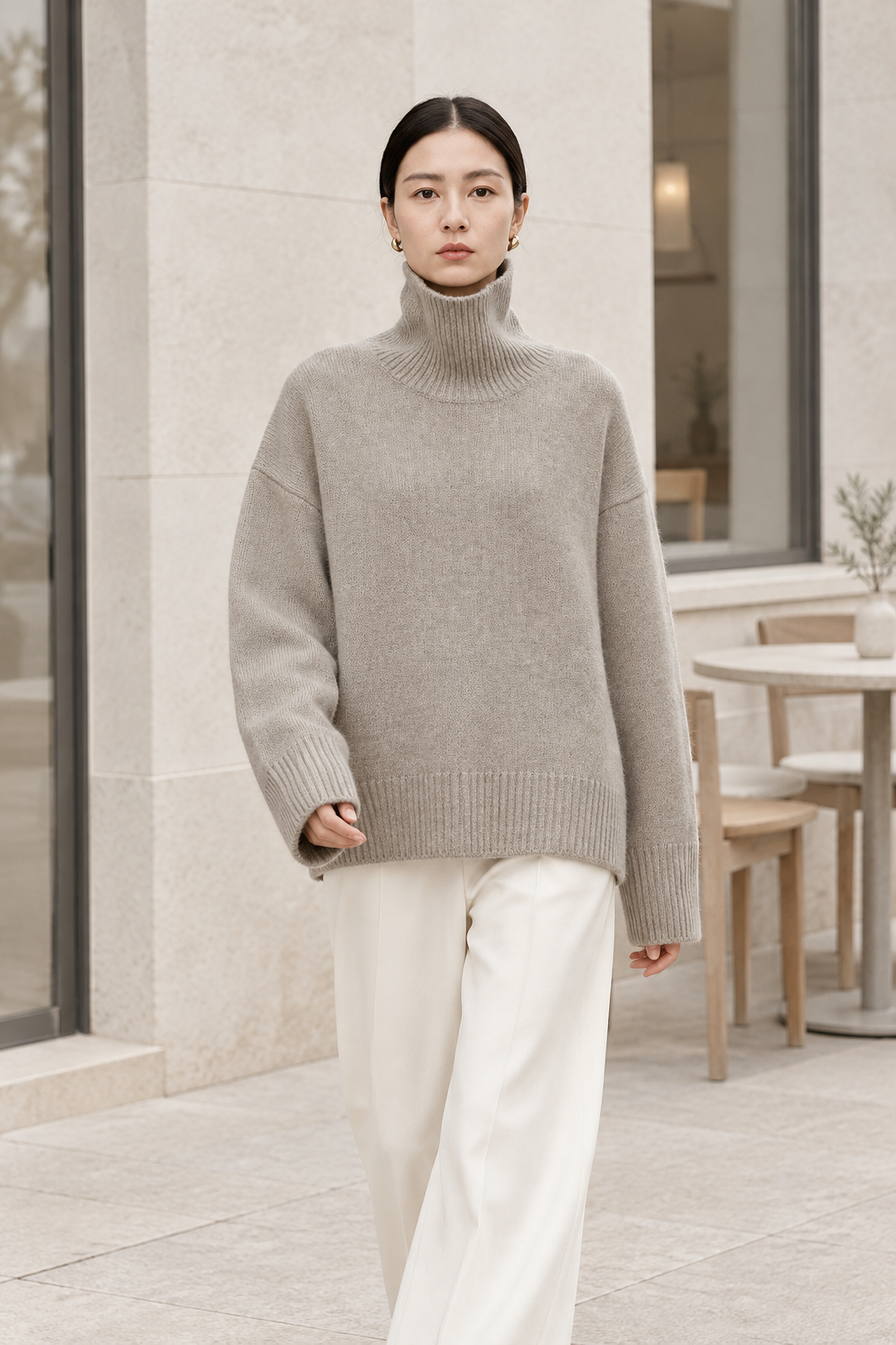 Oatmeal cashmere turtleneck sweater lifestyle view