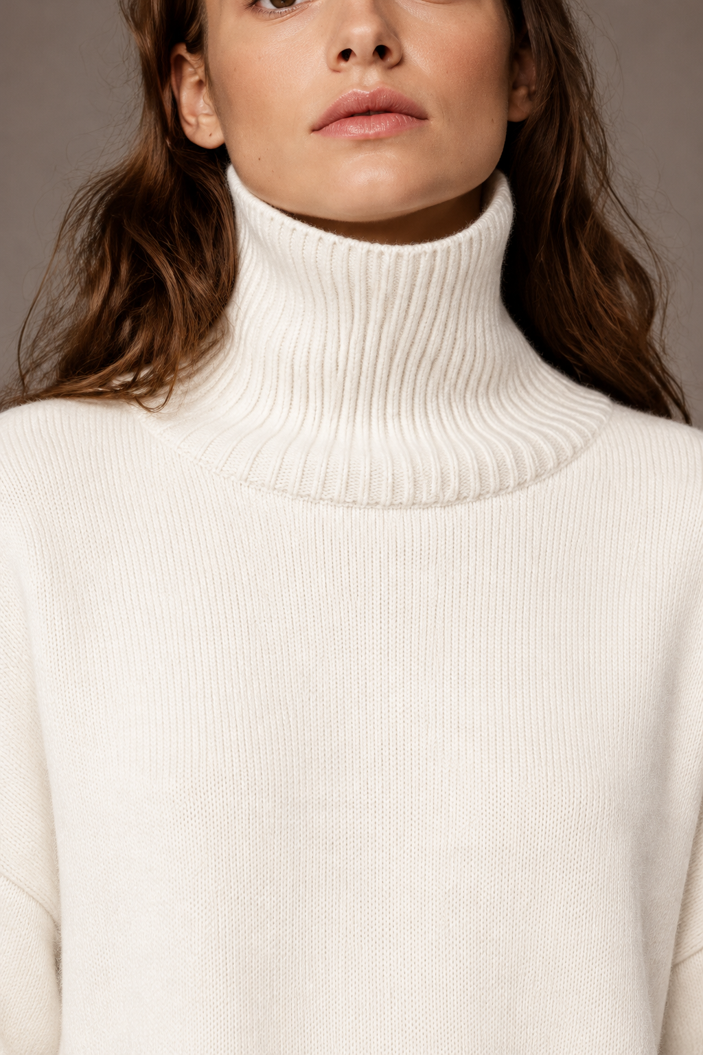 White cashmere turtleneck sweater collar detail