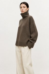 Brown cashmere turtleneck sweater side view