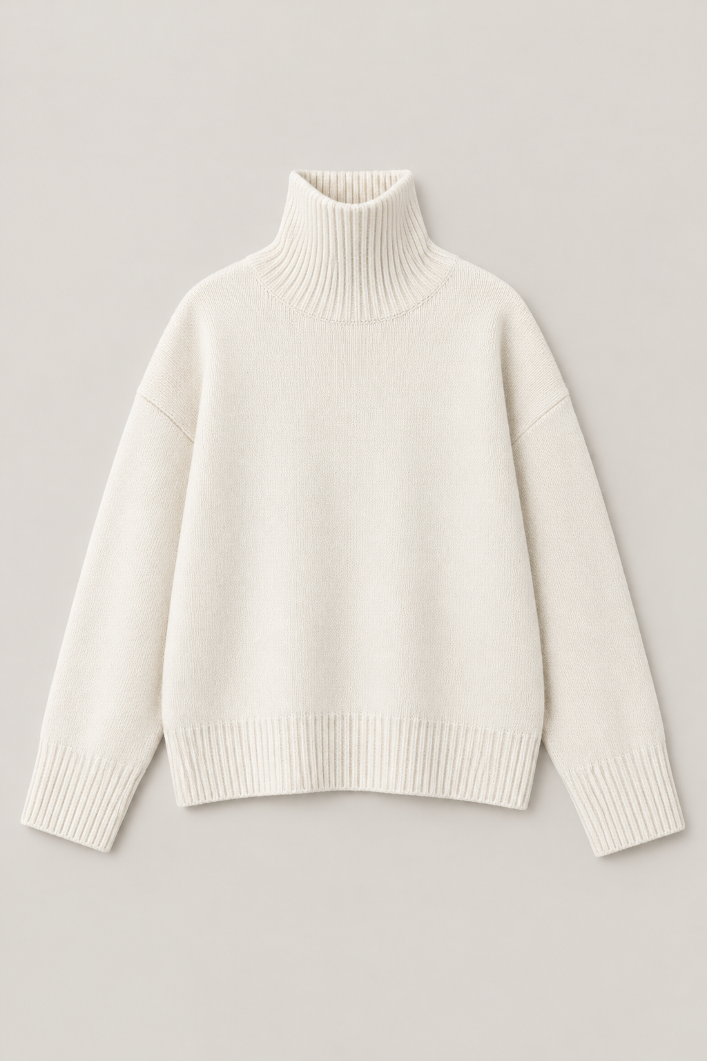 White cashmere turtleneck sweater flat lay
