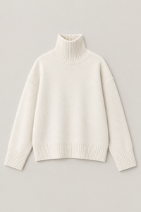 White cashmere turtleneck sweater flat lay