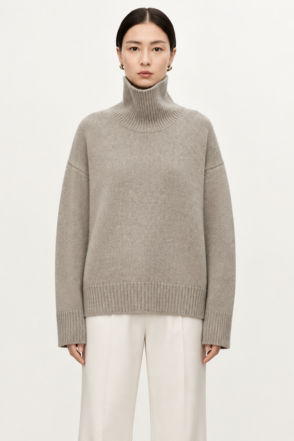 Oatmeal cashmere turtleneck sweater front view