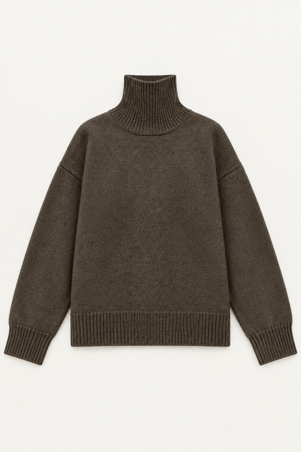 Brown cashmere turtleneck sweater flat lay