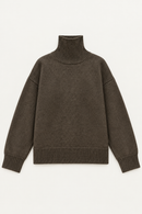 Brown cashmere turtleneck sweater flat lay