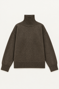 Brown cashmere turtleneck sweater flat lay